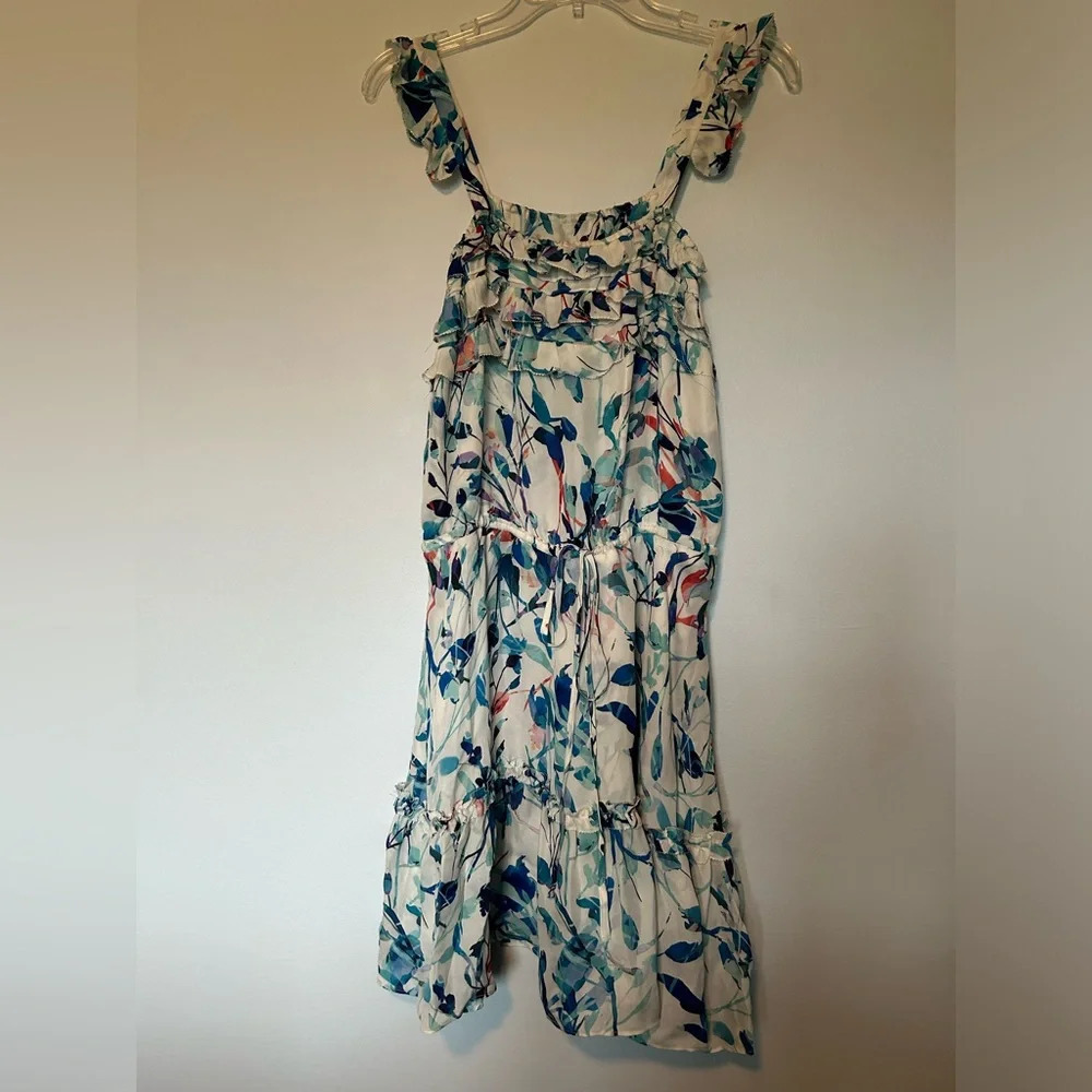 New Parker sample mini dress no tags. Blue floral Catalonia print. Ruffles! S